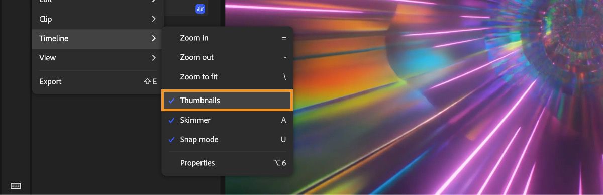 Editor displays the Timeline menu with a highlight over the Thumbnails option, used to toggle clip previews.