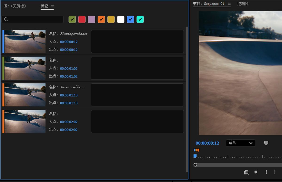 Premiere Pro 标记面板根据您的选择显示彩色标记。