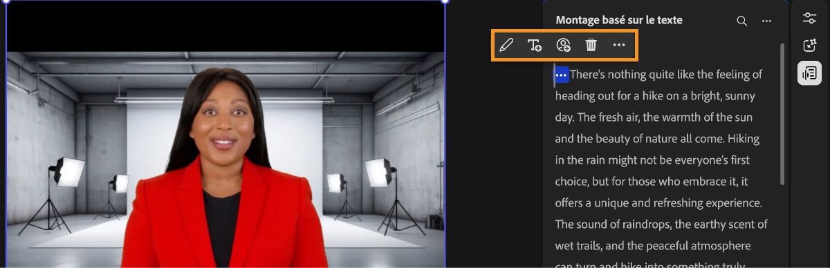 Le panneau de montage basé sur le texte est ouvert et affiche le contenu transcrit. Le menu est également ouvert, avec l’option « Afficher les pauses » sélectionnée. Dans la transcription, les pauses sont représentées par des points continus. L’un de ces segments de pause est sélectionné et des options de modification sont disponibles pour celui-ci.
