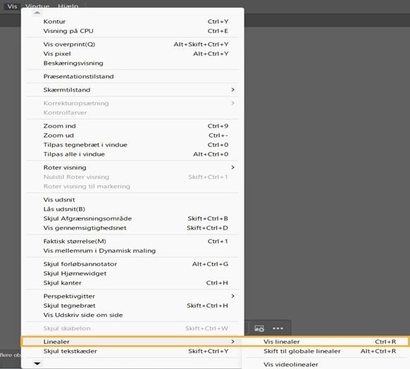 Menuen Vis med Linealer og Vis linealer fremhævet.