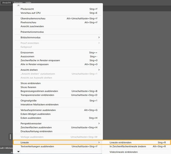 Menü „Ansicht&quot; mit hervorgehobenen Optionen „Lineale&quot; und „Lineale anzeigen&quot;.