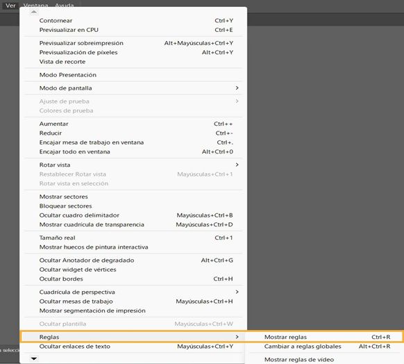 Menú Ver, con las opciones Reglas y Mostrar reglas resaltadas.