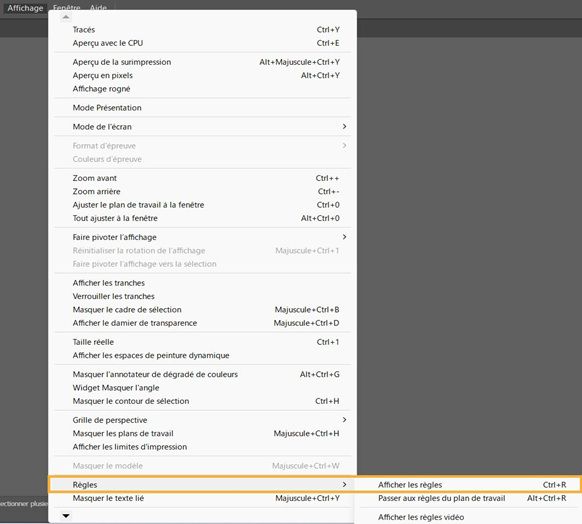 Menu Affichage, avec Règles et Afficher les règles en surbrillance.