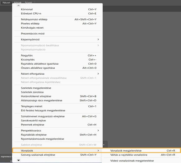 Nézet menü, kiemelve a Vonalzók és a Vonalzók megjelenítése lehetőségekkel.