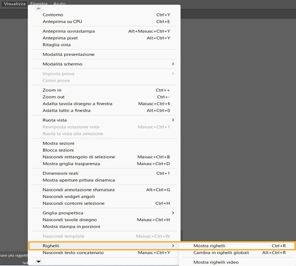 Menu Visualizza, con Righelli e Mostra righelli evidenziati.