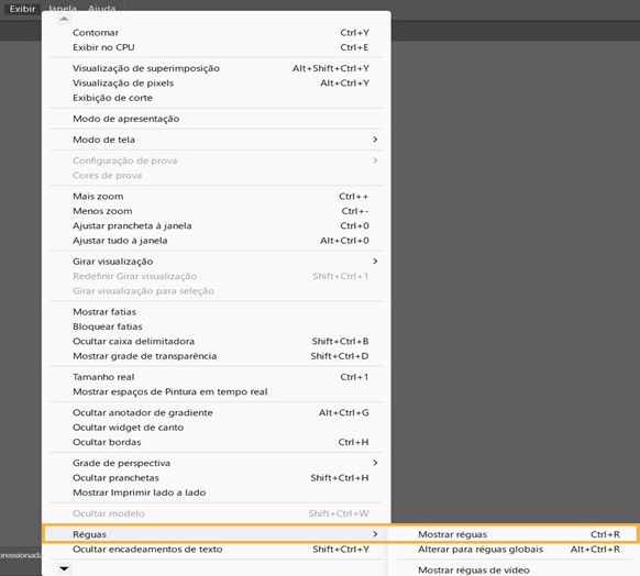 Exibir menu, com Réguas e Exibir réguas destacadas.