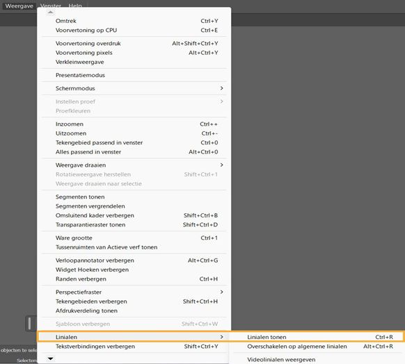 Menu Weergave, met Linialen en Linialen weergeven gemarkeerd.