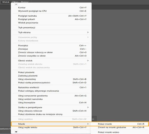 Menu Widok z podświetlonymi opcjami Miarki i Pokaż miarki.