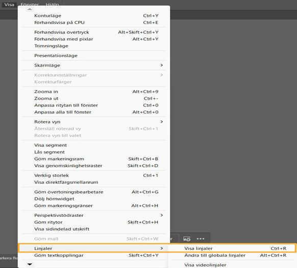 Menyn Visa med linjaler och Visa linjaler markerat.