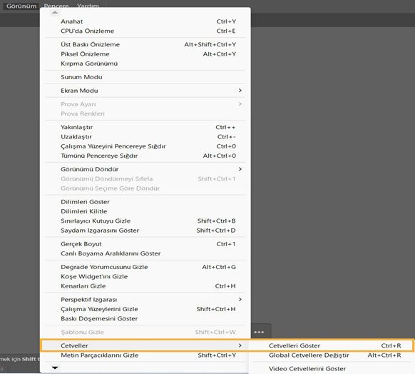 Cetveller ve Cetvelleri Göster öğesinin vurgulandığı Görünüm menüsü.