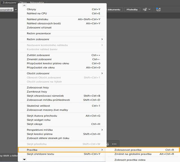 Nabídka Zobrazení se zvýrazněnými položkami Pravítka a Zobrazit pravítka.