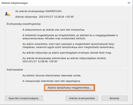 Aláírói tanúsítvány megjelenítése
