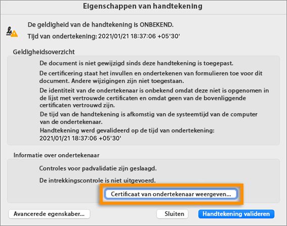 Certificaat van ondertekenaar weergeven