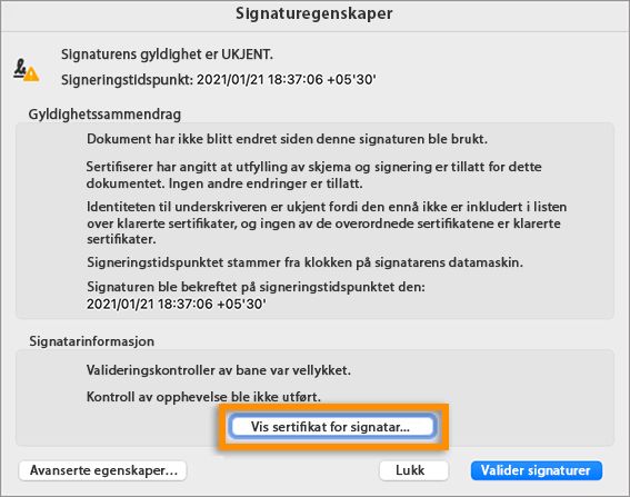 Vis sertifikat for underskriver