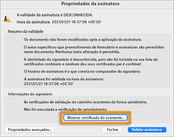 Mostrar certificado do signatário
