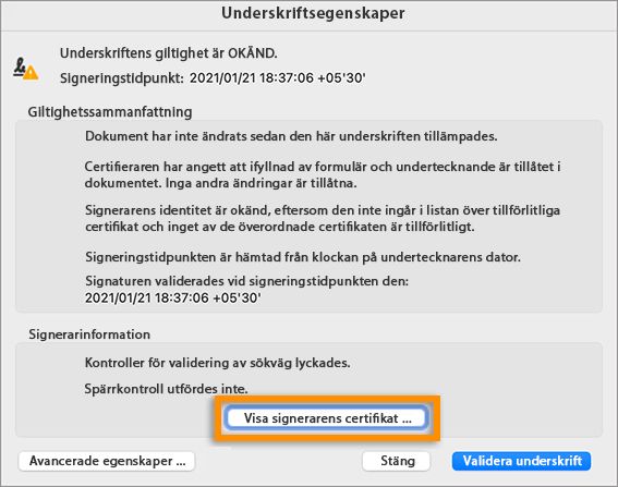 Visa undertecknarens certifikat