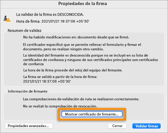 Mostrar certificado de firmante