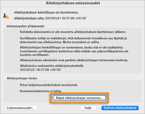 Näytä allekirjoittajan varmenne