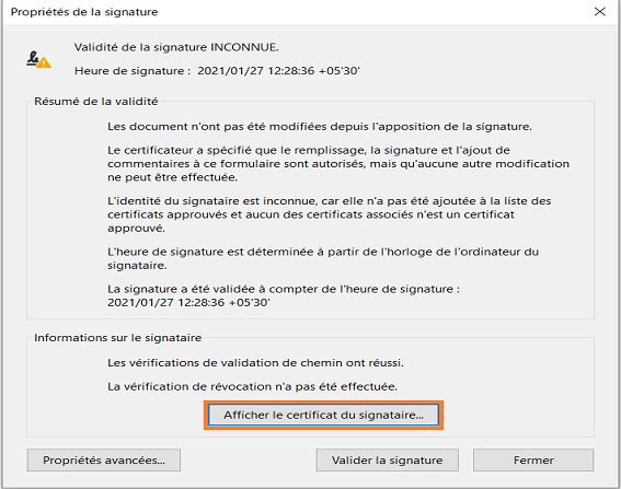 Afficher le certificat du signataire