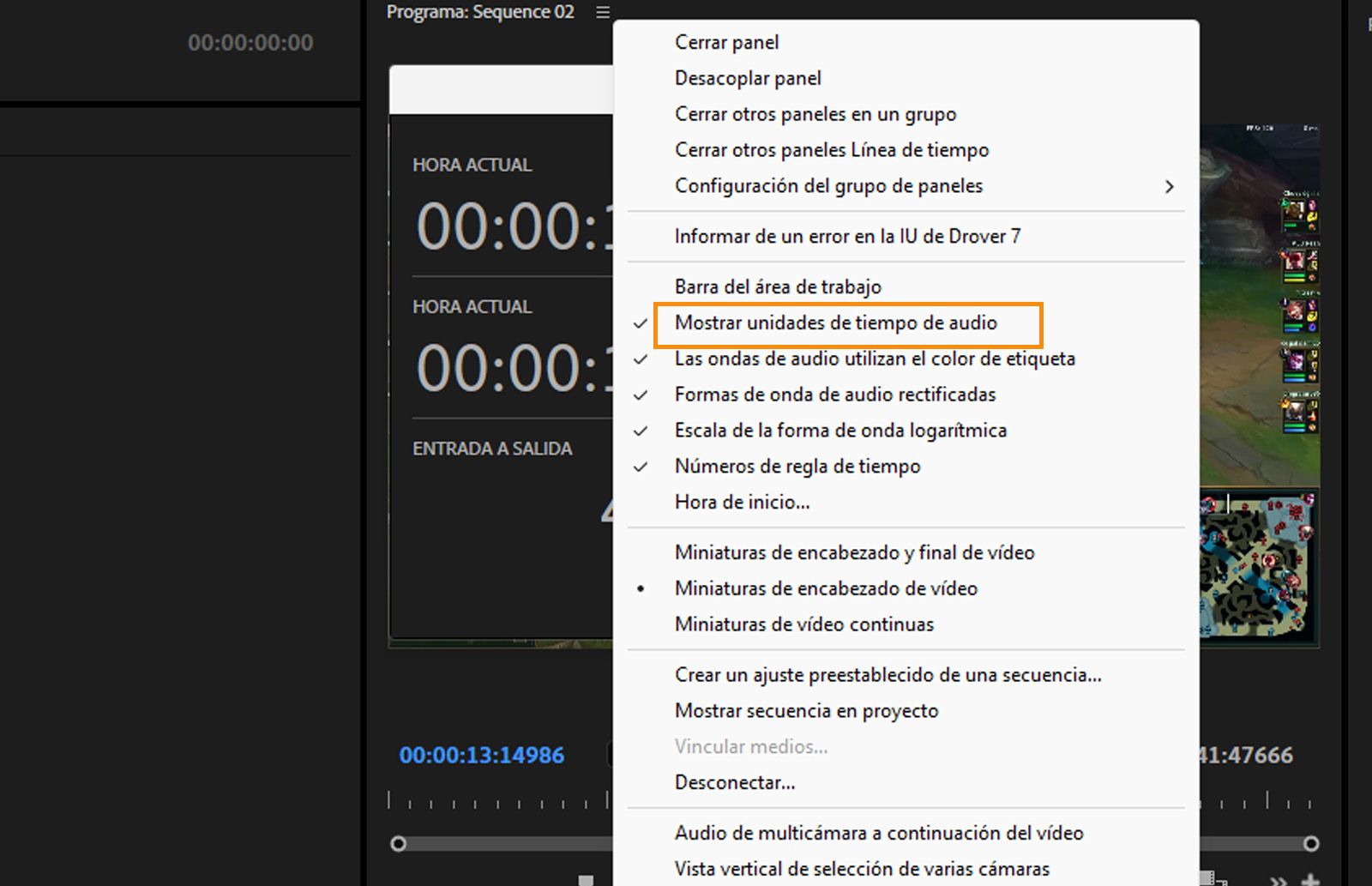 Se abre el menú del panel Cronología y se resalta la opción Mostrar unidades de tiempo de audio. 