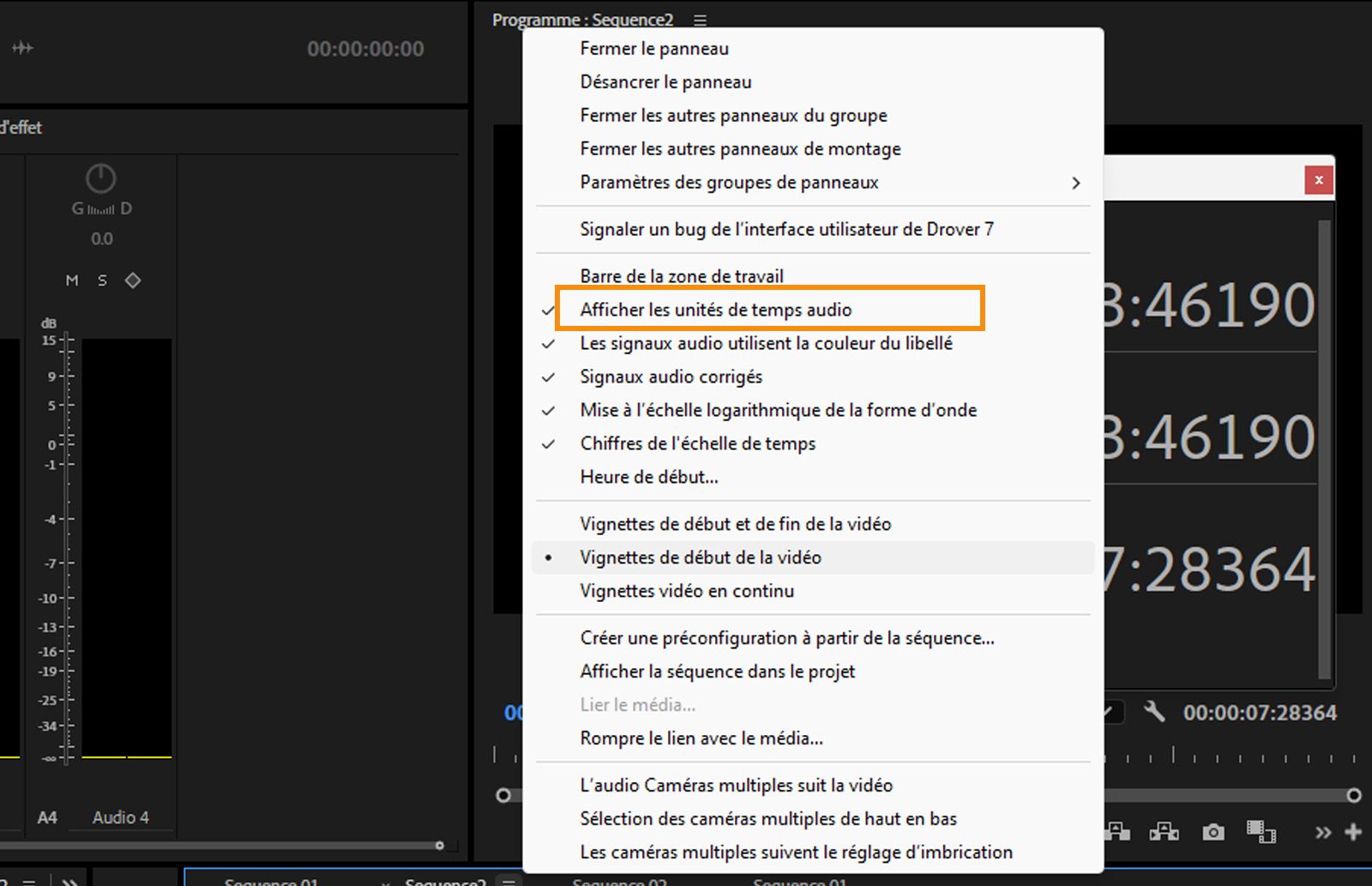 Le menu du panneau Montage s’ouvre et l’option Afficher les unités de temps audio est mise en surbrillance. 