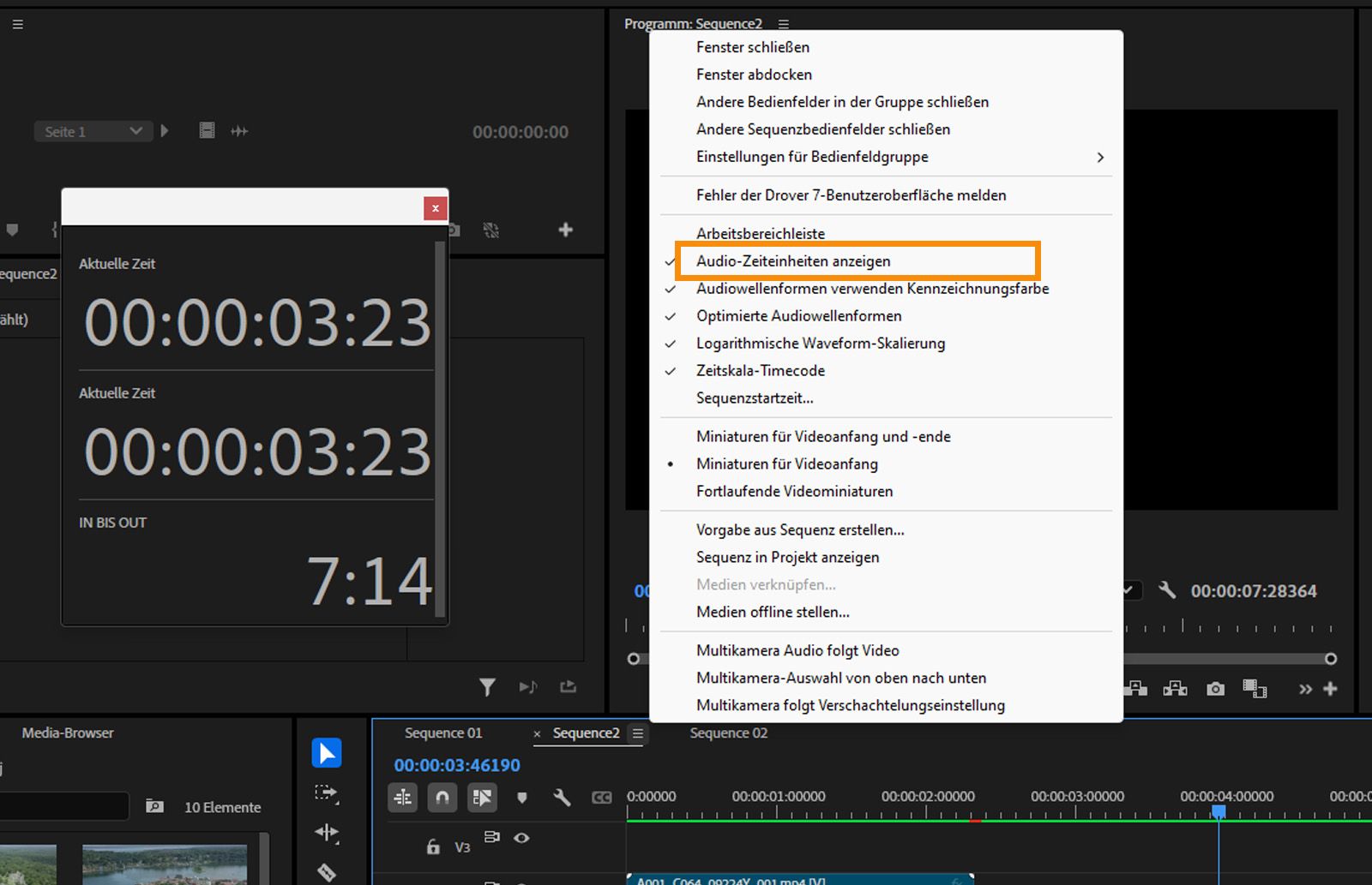 Das Menü im Bedienfeld „Schnittfenster“ ist geöffnet und die Option „Audio-Zeiteinheiten anzeigen“ ist hervorgehoben. 