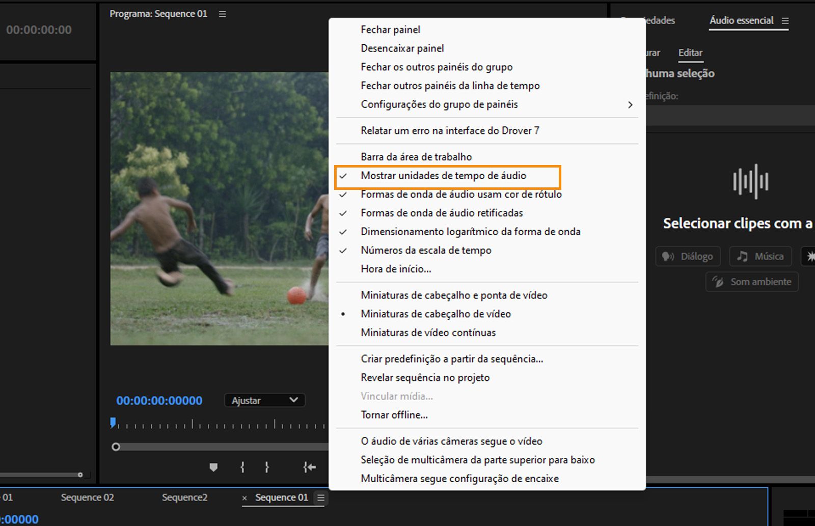 O menu do painel Linha do tempo aberto e a opção Mostrar unidades de tempo de áudio realçada. 