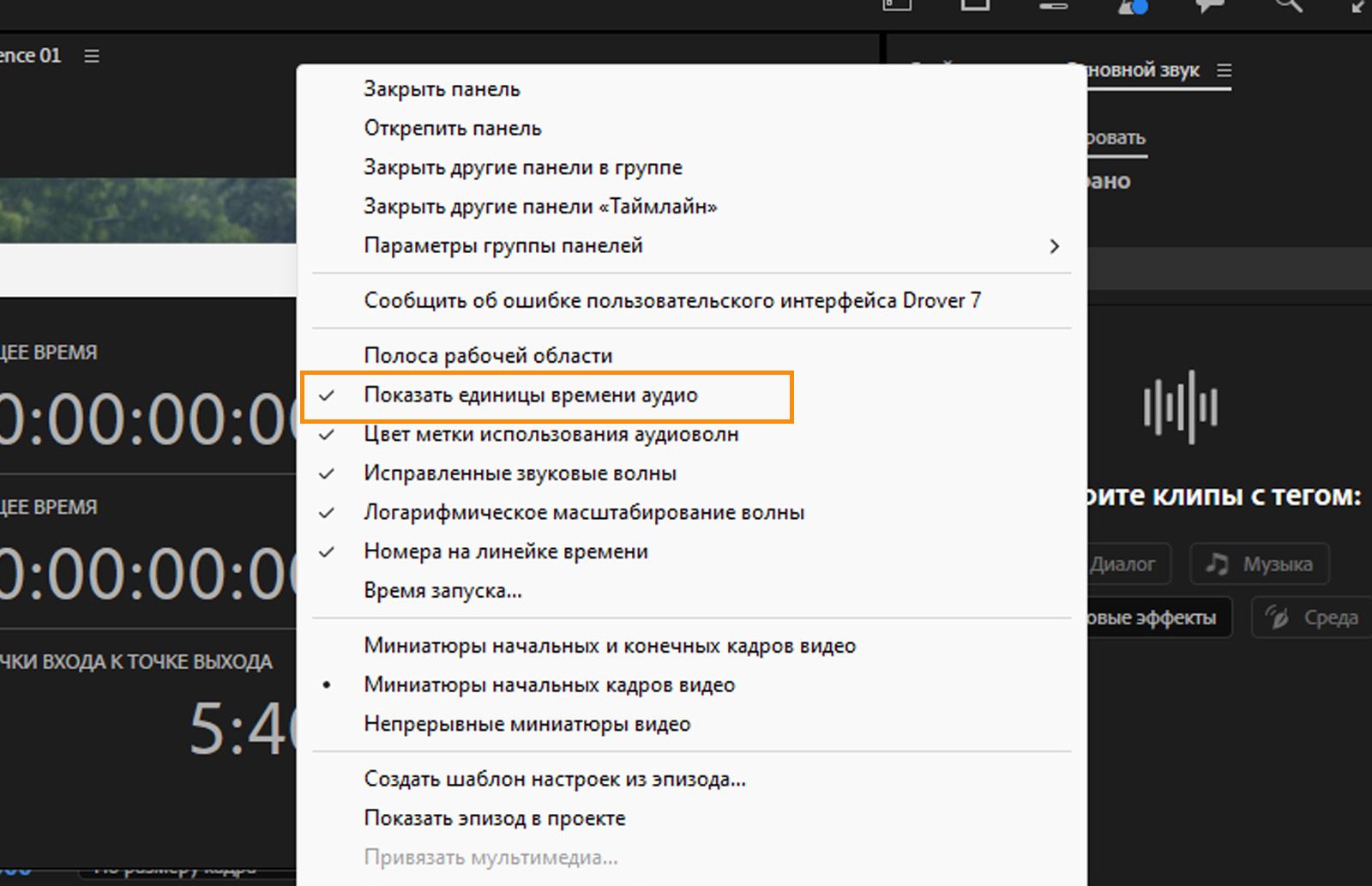 Меню панели «Временная шкала» открыто, и выделен параметр «Показать единицы времени аудио». 