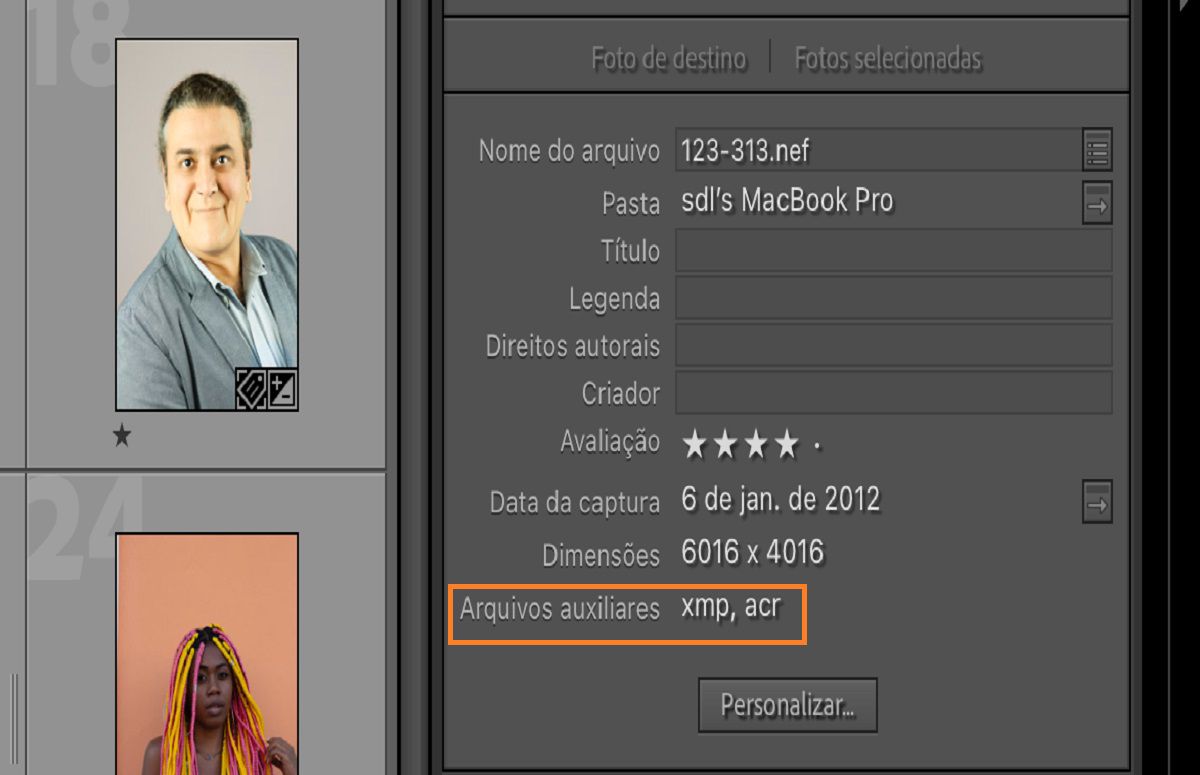 Campo de Metadados no Lightroom Classic com detalhes e informações do arquivo.