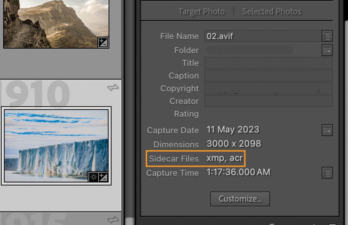 Metadata field in Lightroom Classic with details and file information. 