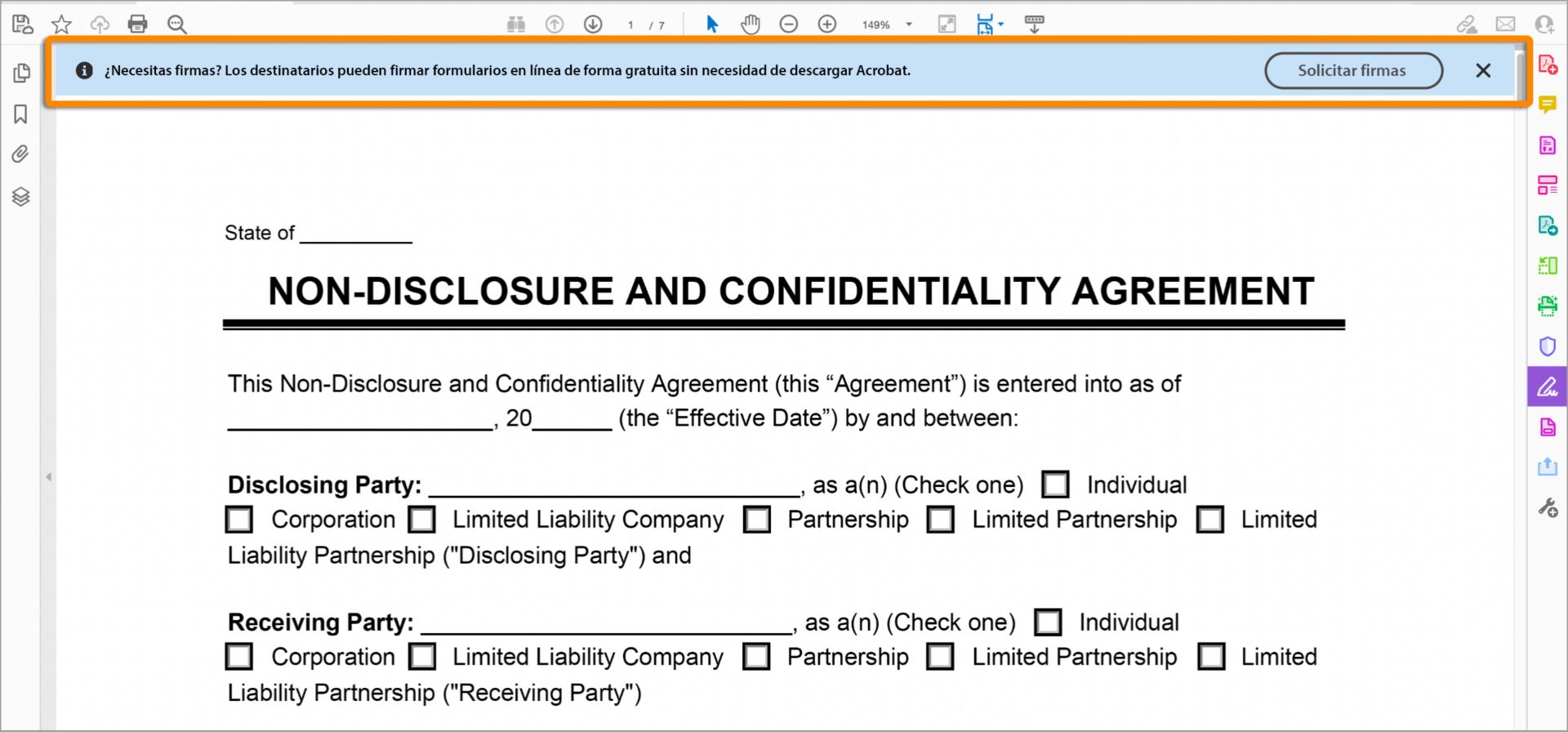 Barra de mensajes azul de Solicitar firmas