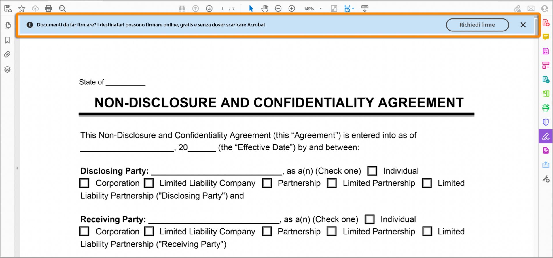 Barra blu con messaggio per Richiedi firme