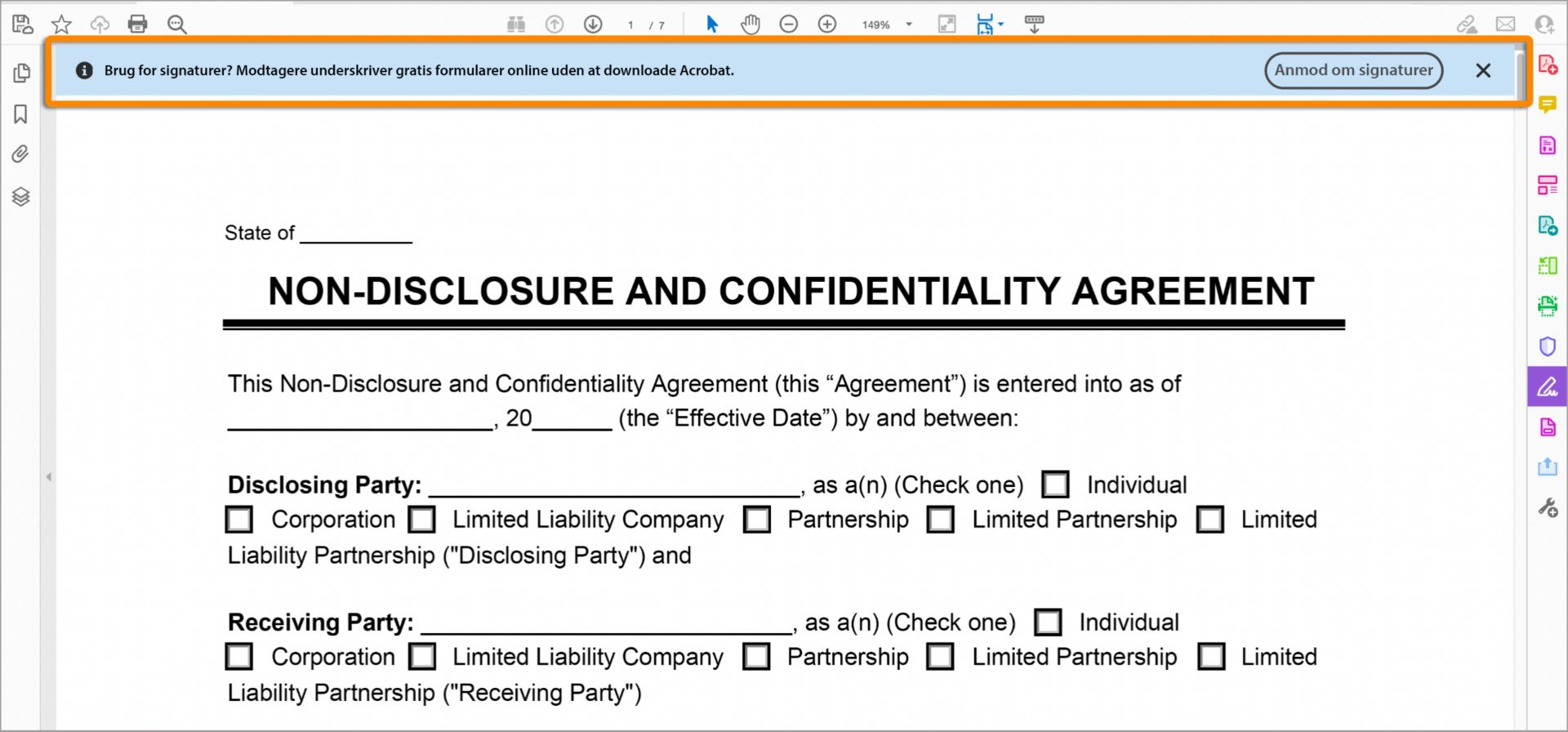 Anmod om signaturer – blå beskedlinje