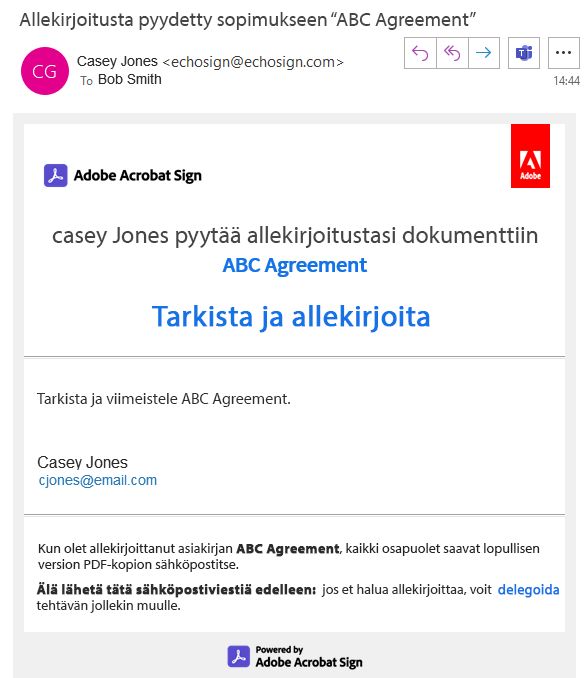 Sähköposti-ilmoitus, jossa on linkki sopimukseen.