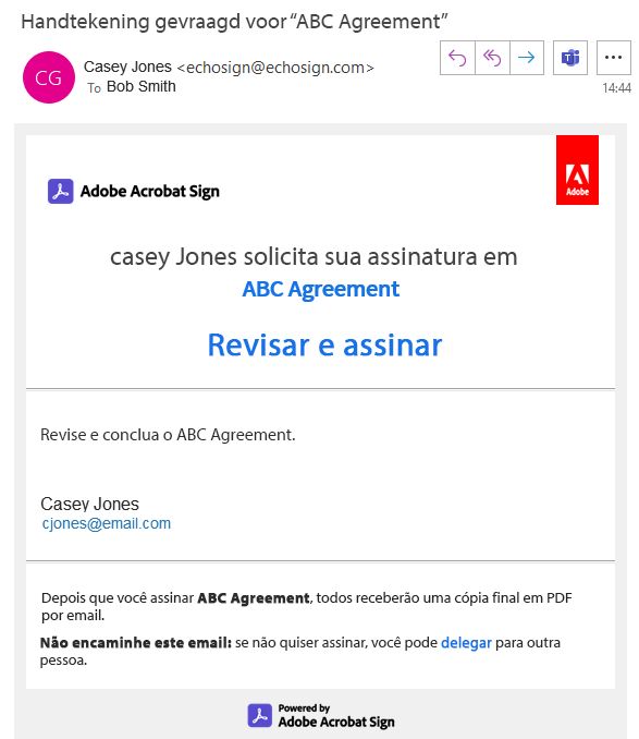 Notificação por email com um link para o contrato.