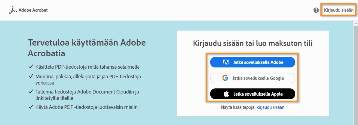 Kirjautuminen Adobe Document Cloudiin