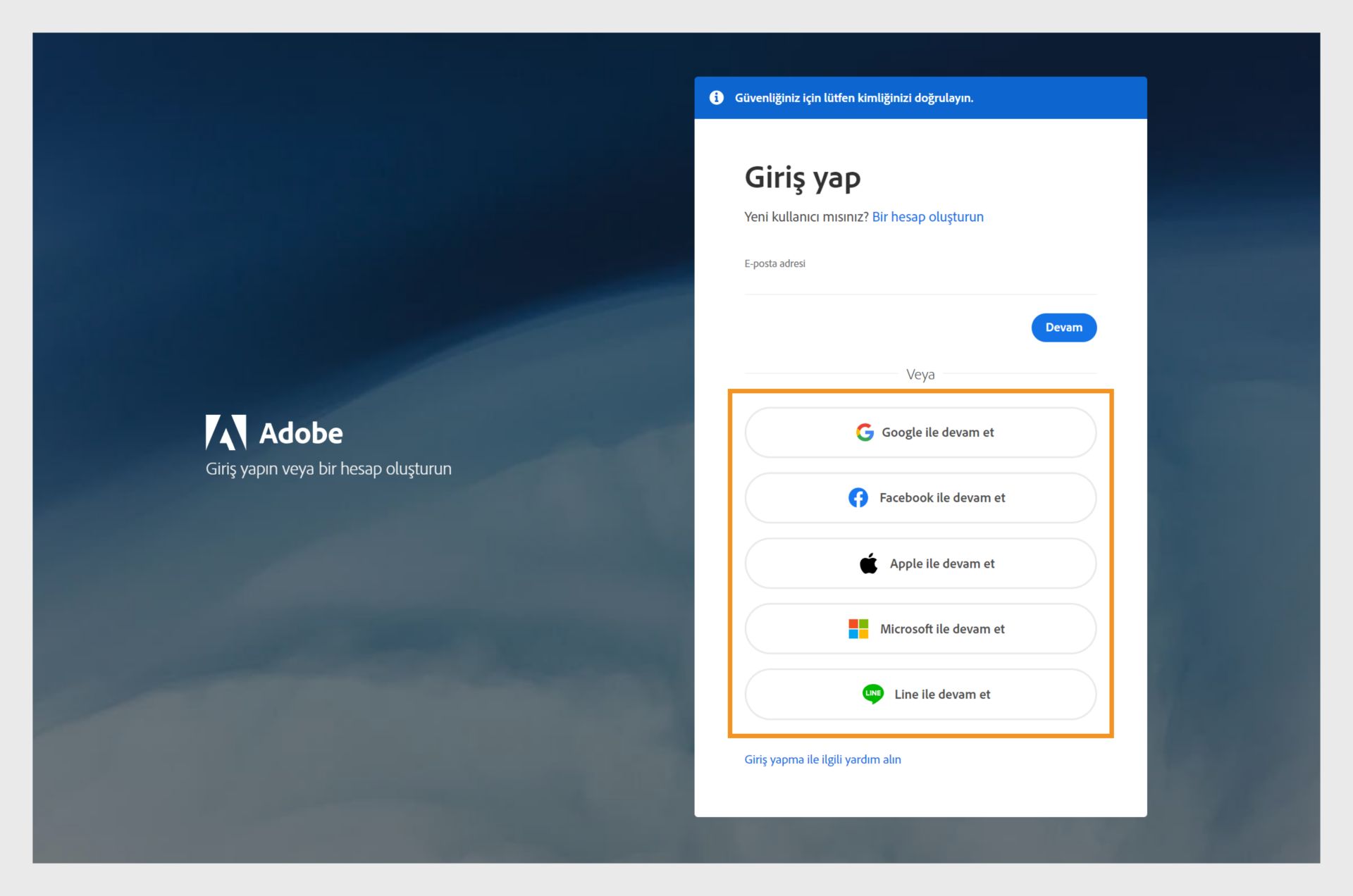 Yeni bir Adobe hesabı oluşturmak için giriş yapma ekranı