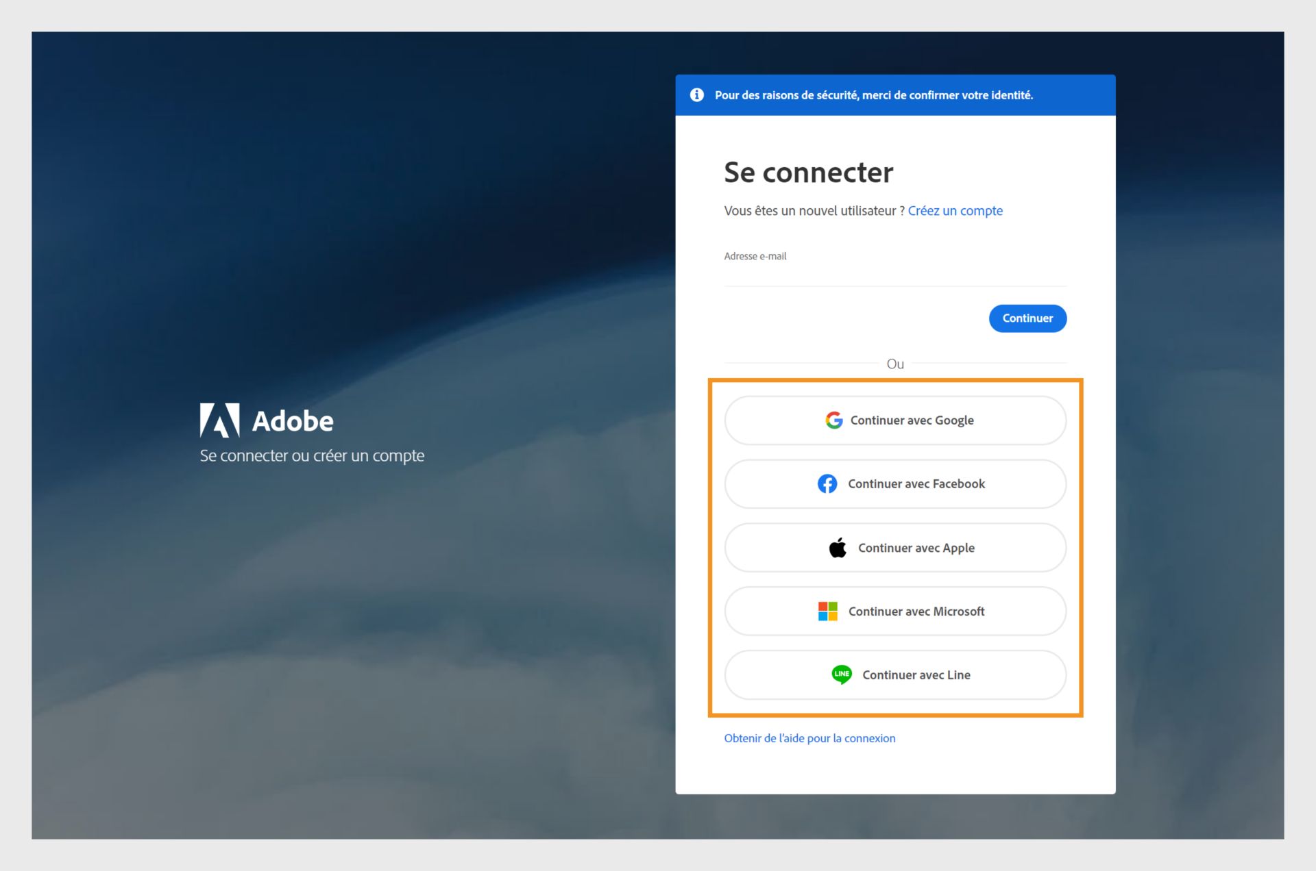 Écran de connexion pour créer un compte Adobe