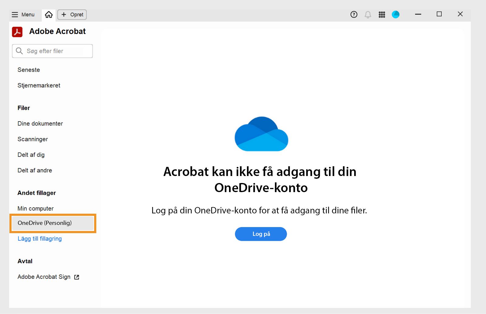 Adobe Acrobat beder brugeren om at logge på sin personlige OneDrive-lagerkonto med en meddelelse om, at adgang er utilgængelig, og en blå Log på-knap.