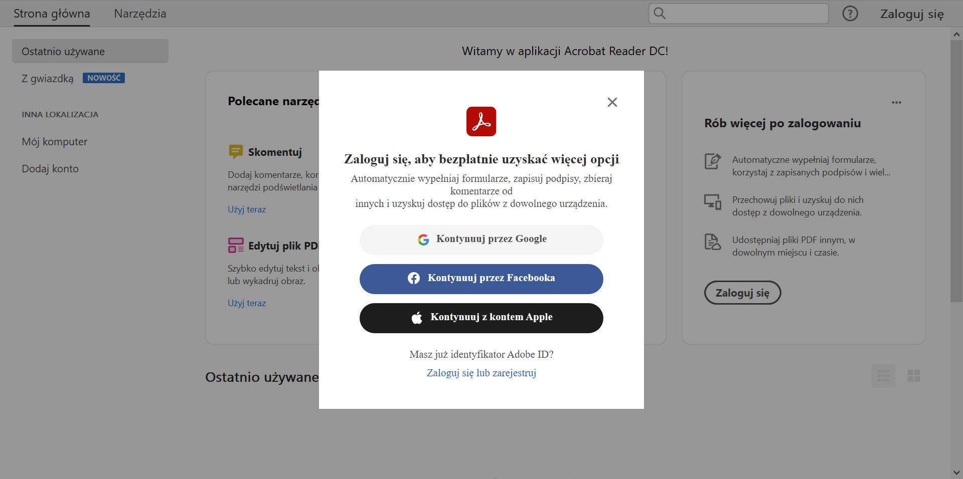 Logowanie za pomocą identyfikatora Adobe ID