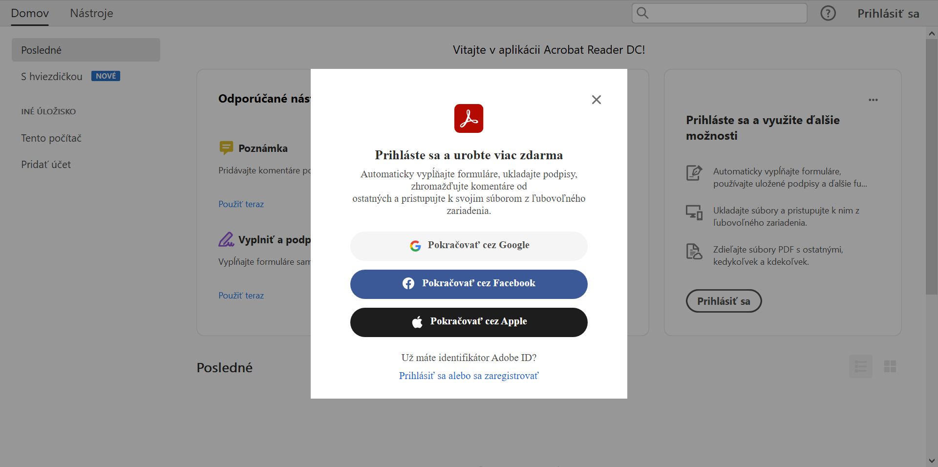 Prihláste sa pomocou svojho identifikátora Adobe ID