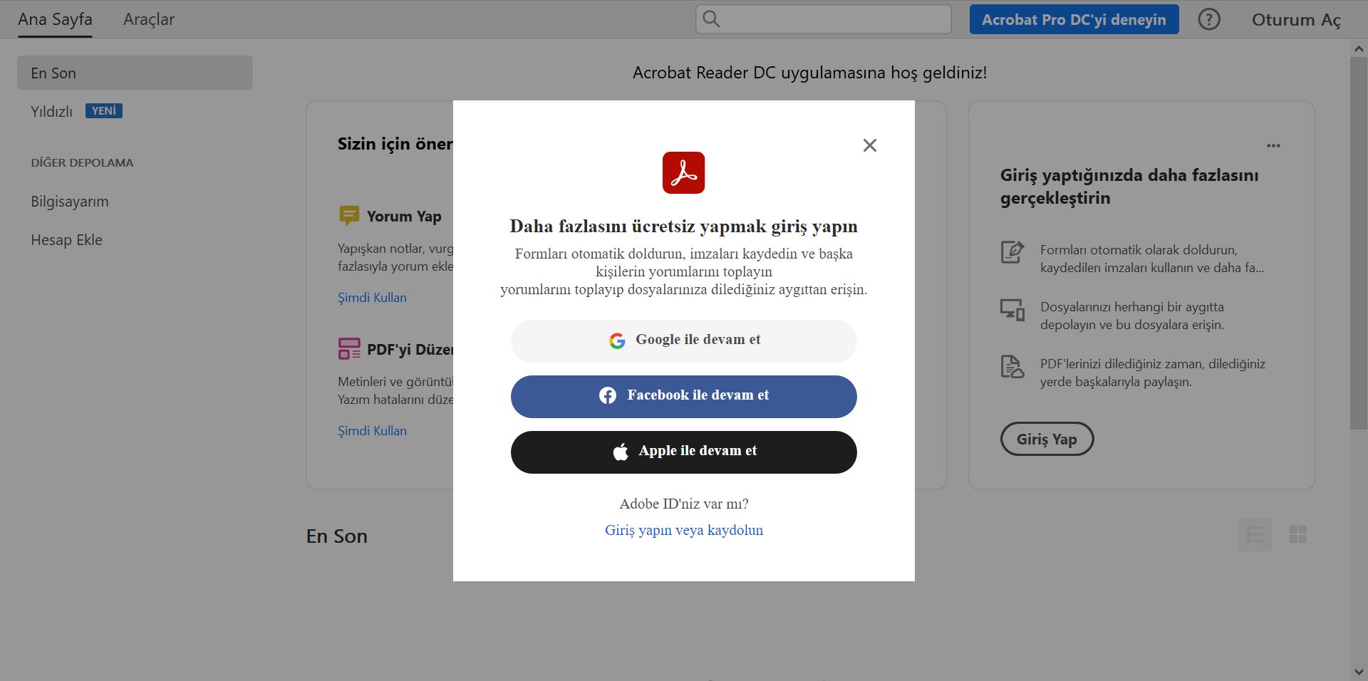 Adobe ID'nizle oturum açma