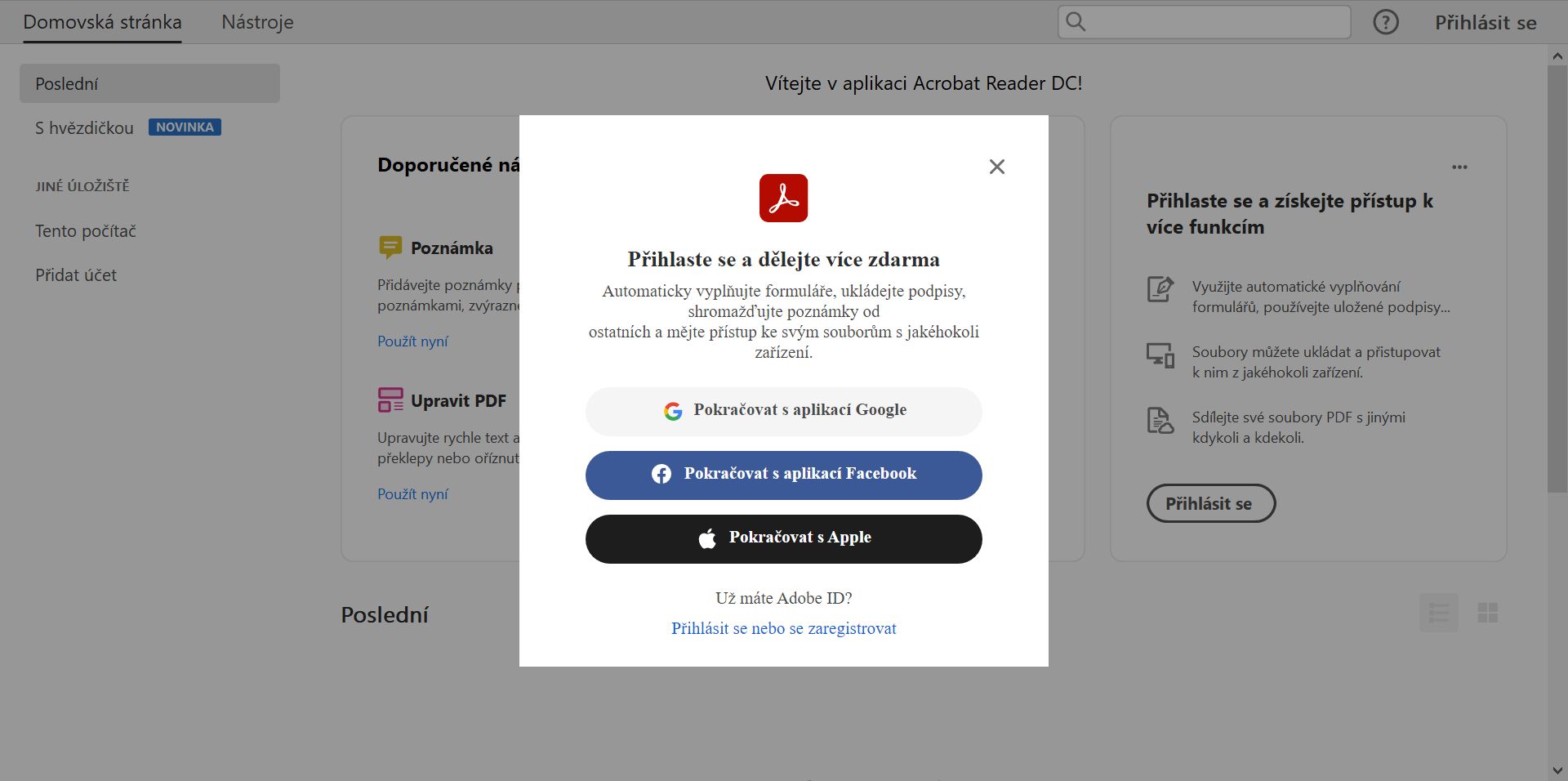 Přihlášení pomocí účtu Adobe ID