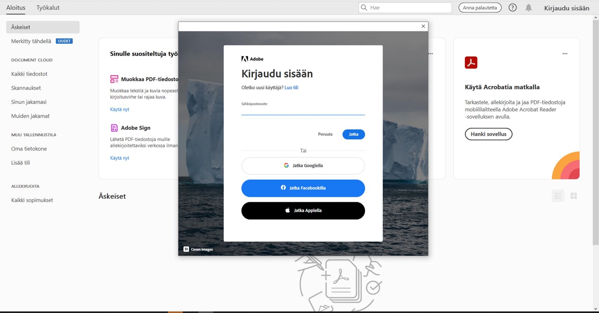 Kirjaudu sisään Adobe ID:lläsi
