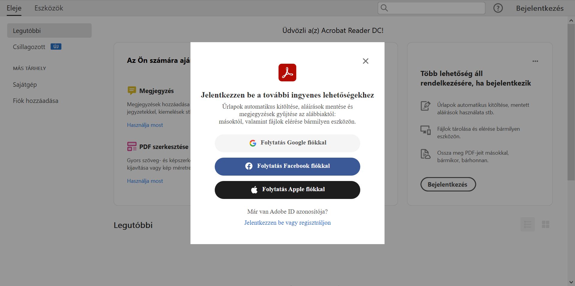Bejelentkezés Adobe ID azonosítóval