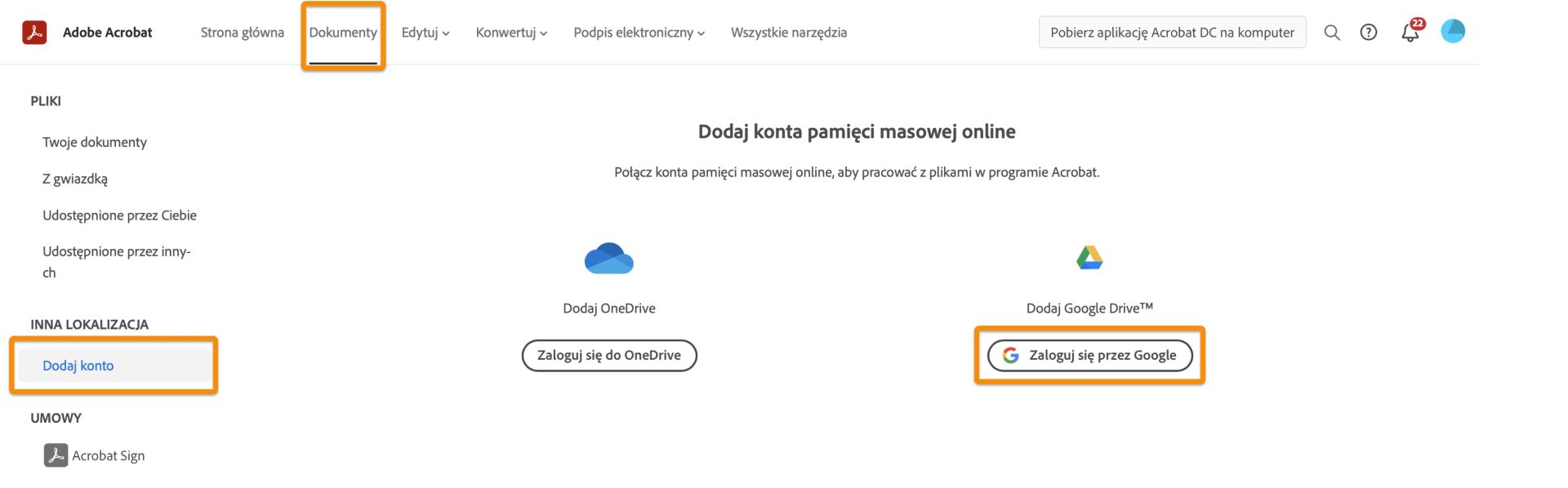 Dodawanie konta Dysku Google