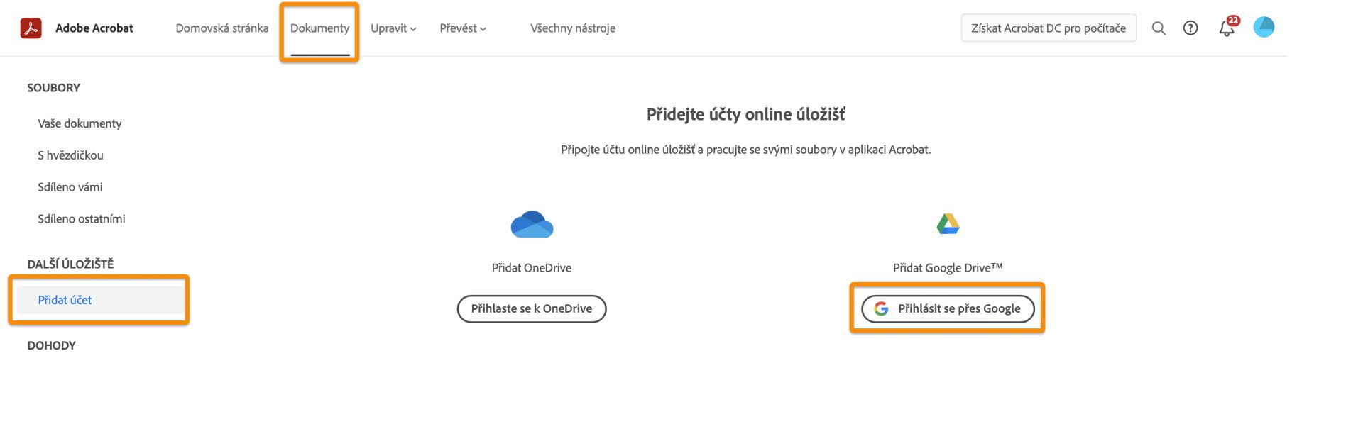 Přidání účtu služby Disk Google