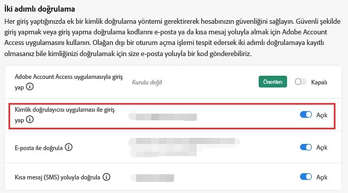 İki adımlı doğrulama bölümü