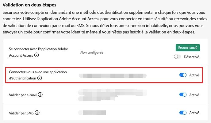 Section de vérification en deux étapes