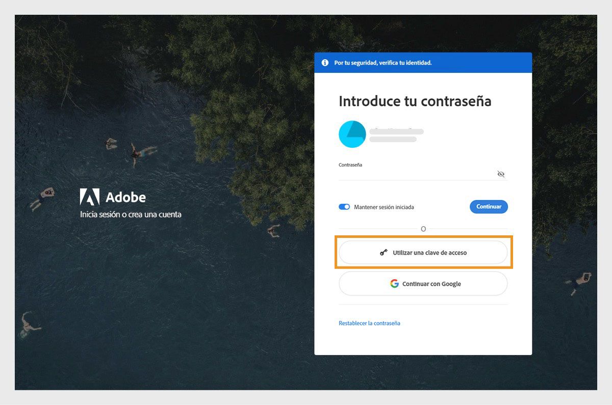 La página de inicio de sesión con un cuadro de texto para escribir la contraseña y opciones para usar una clave de acceso o una cuenta de redes sociales. 